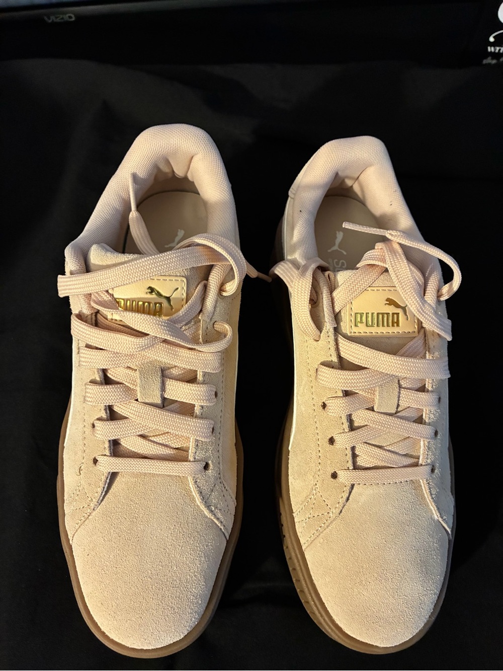 Puma Suede Sneakers in Light Pink with Gold Logo
